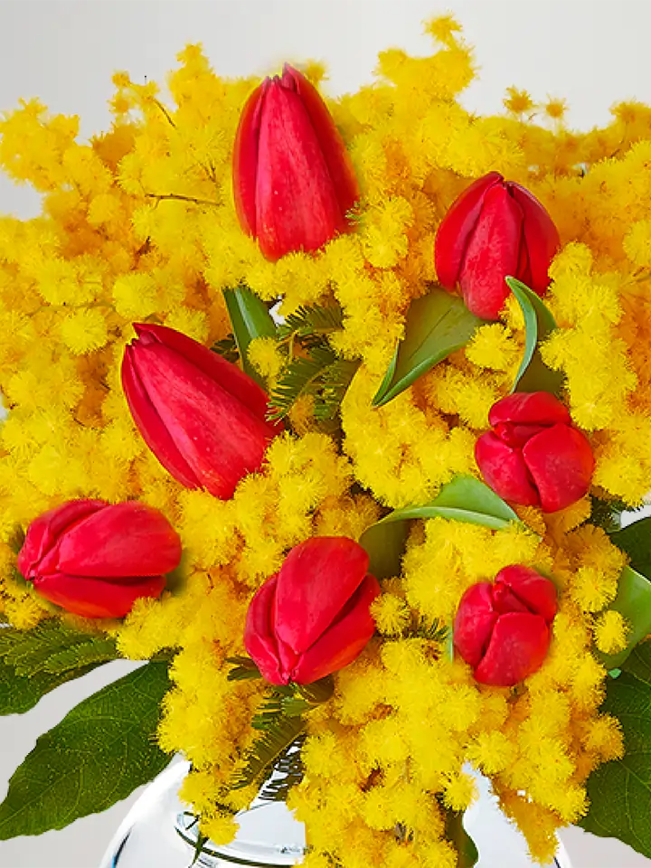 Bouquet di mimosa con tulipani rossi macro